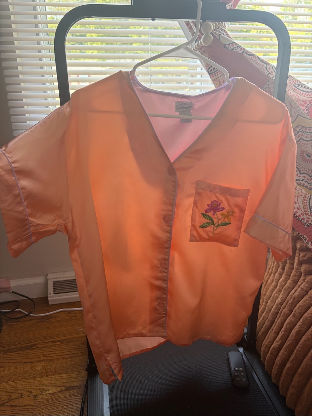 Kids Satin-Feel Orange Short Sleeve Top with Floral Pocket